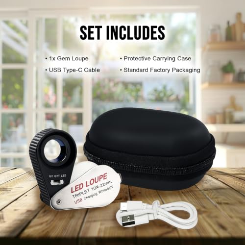 10X Jewelers Loupe Magnifier with UV & LED Lights, 22mm Triplet Lens, Rechargeable Foldable Jewelry Magnifier for Gems, Coins, Diamonds Inspection, Portable Loupe Tool