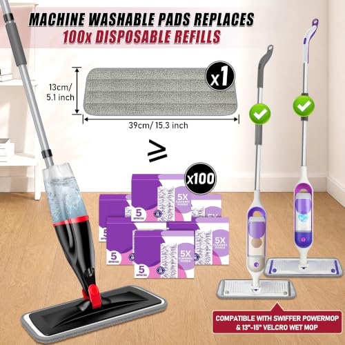 Spray Mops for Floor Cleaning: Hardwood Floor Mop Wet Mop & 3 Washable Pads - color: Red/Black