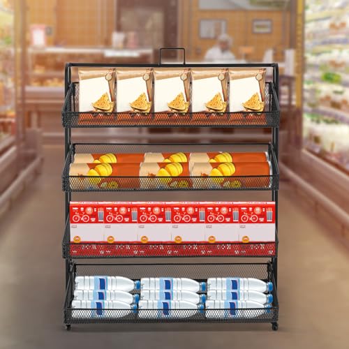4 Tiers Retail Display Stand, Retail Candy Display Rack, Chip Rack Display Stand, Snack Organizer, Countertop Display Candy Snacks Rack, Snack Shelf for Stores, Office, Bakery, Supremarket (Black)