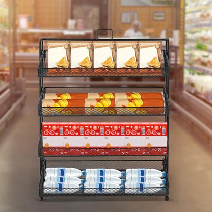 4 Tiers Retail Display Stand, Retail Candy Display Rack, Chip Rack Display Stand, Snack Organizer, Countertop Display Candy Snacks Rack, Snack Shelf for Stores, Office, Bakery, Supremarket (Black)