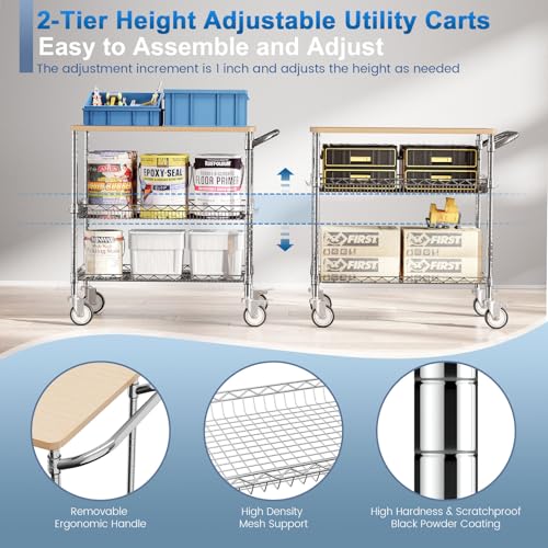 Rolling Kitchen Carts with Wheels, 3-Tier Utility Cart with Wood Tabletop - color: Wood-chrome