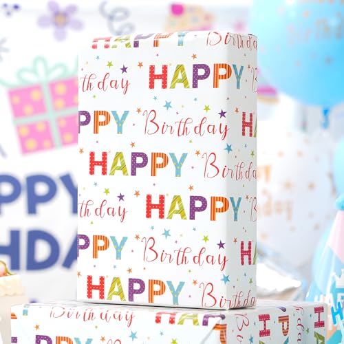 Ulmasinn Reversible Birthday Wrapping Paper Roll - 17” x 16.4 Ft, Double Sided Happy Birthday & Blue Polka Dots for Boys Girls Kids Party - color: Happy Birthday & Blue
