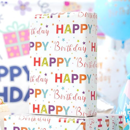 Ulmasinn Reversible Birthday Wrapping Paper Roll - 17” x 16.4 Ft, Double Sided Happy Birthday & Blue Polka Dots for Boys Girls Kids Party - color: Happy Birthday & Blue