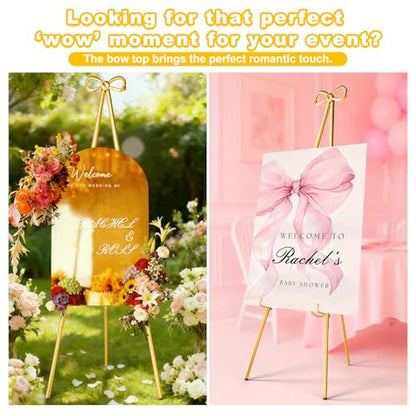 Interchangeable Bow & Star Top Gold Easel Stand for Sign, 62"–47" Height Adjustable Heavy Duty Wedding Easel Stand with 3 Display Modes — Perfect for Welcome Signs, Christmas Decor, Parties & Events