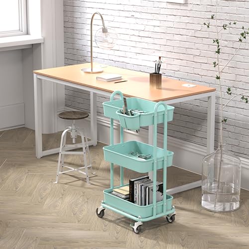 Simple Houseware 3-Tier Rolling Utility Cart with Hanging Bucket, Turquoise - color: Turquoise, size: 3-Tier