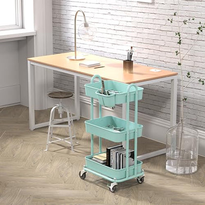 Simple Houseware 3-Tier Rolling Utility Cart with Hanging Bucket, Turquoise - color: Turquoise, size: 3-Tier