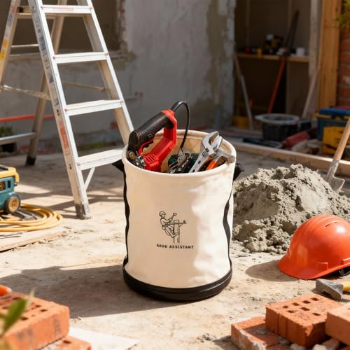 1 Pack 15" x 12" Canvas Tool Bucket Bag, Heavy Duty 150 Lbs Load Capacity, Truck Tool Organizer with Plastic Bottom Metal Hook for Linemen Electricians & Construction Workers (White) - color: White