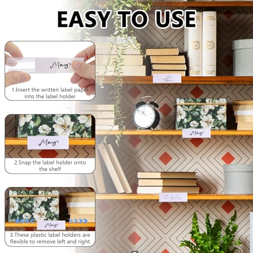 100 Pcs Plastic Label Holder with 100 Pcs Label Inserts, 3" L x1" H Clear Plastic Shelf Label Holder, Shelf Sign and Ticket Holder, Clips On to Shelves 5/8" to 3/4" Thick