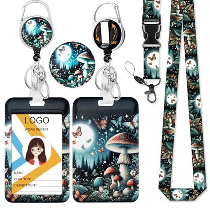 Funny Butterfly ID Badge Holder with Lanyard and Retractable Badge Reel - color: Fantasy Mushroom