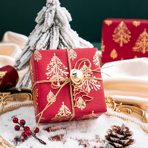 WRAPAHOLIC 3D Kraft Christmas Wrapping Paper Roll - Mini Roll - 17 Inch x 16.5 Feet - Gold and Red Christmas Tree Wrapping Paper with Embossed Perfect for Holiday, Party Celebration - color: Christmas Tree - Red & Gold, size: 17 inch x 16.5 feet