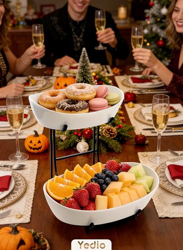 2 Tier Ceramic Fruit Bowl for Kitchen Counter with Black Metal Stand - color: Black, size: 2 Tier