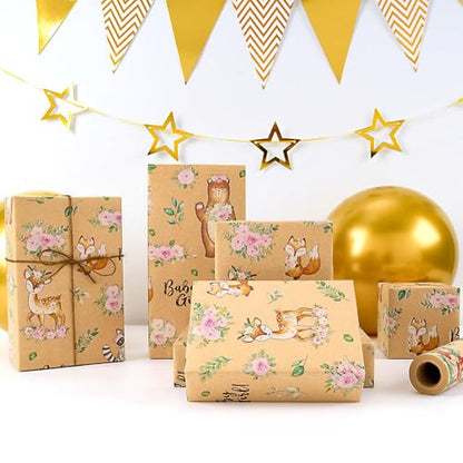 WERNNSAI Baby Girl Kraft Wrapping Paper Roll, 33 ft Baby Shower Wrap Paper - color: Baby Bear-Girl