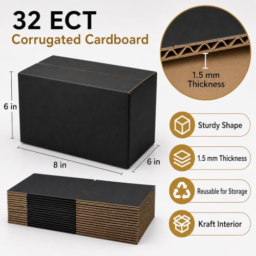 8x6x6 Black Shipping Boxes, Pack of 35 - size: 8"x6"x6"