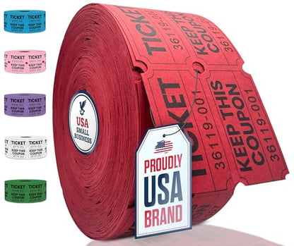 PM Company 2000 Pcs (1000 Pairs) Raffle Tickets Double Roll, 50/50 Red - color: Red