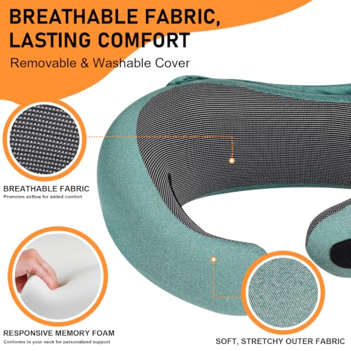 Travel Pillow - Hooded Neck Pillow Airplane Memory Foam Filling - color: Green