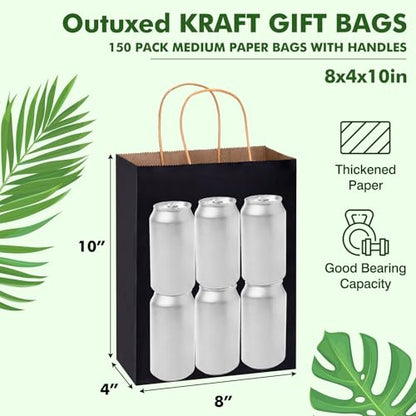OUTUXED 150pcs Black Paper Bags with Handles, 8x4x10 Gift Bags with Handles - color: Black 8x4x10in, size: 1 Count (Pack of 150)