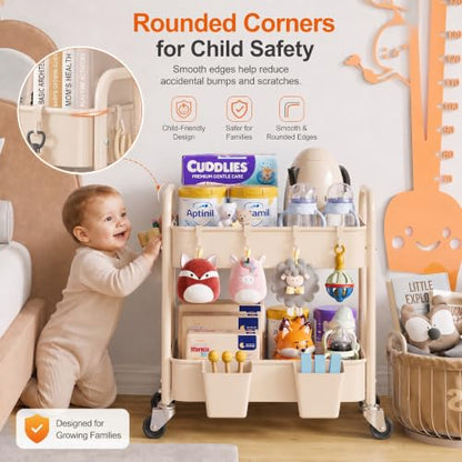2 Tier Small Rolling Cart Metal with Wheels, 22 Inch Beige Under Desk Carts - color: Gentle‌ Beige, size: 2 Tier + Cups + Hooks