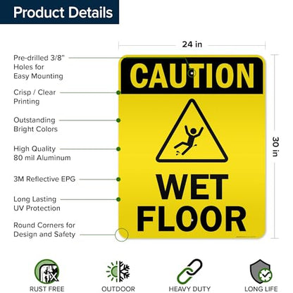 Caution Wet Floor Sign, 24x30 Inches, 3M EGP Reflective .080 Aluminum, Fade Resistant, Made in USA by My Sign Center - size: 24x30 Reflective Aluminum