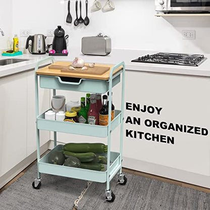 3 Tier Rolling Cart, Utility Cart with Drawer& Table Top, Mint Green - color: Mint Green