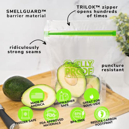 Smelly Proof 10 x Expandable Stand & Fill REUSABLE Storage Bags for Food Designed & Mfg in US, BPA FREE, NO PEVA, Reusable Sandwich Bags, Dishwasher-Safe, Clear 3 mils STAND UP 6.5" x 7.5" - 10pk - size: 10pk, Med 6.5x7.5" - Sandwich