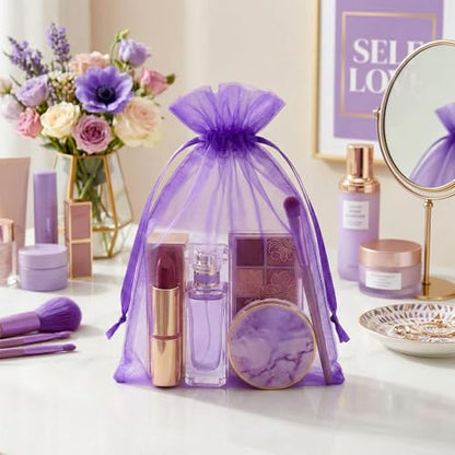FUNFERY 100Pcs Purple Organza Bags 5x7 in,Small Mesh Drawstring Gift Bag - color: Dark Purple
