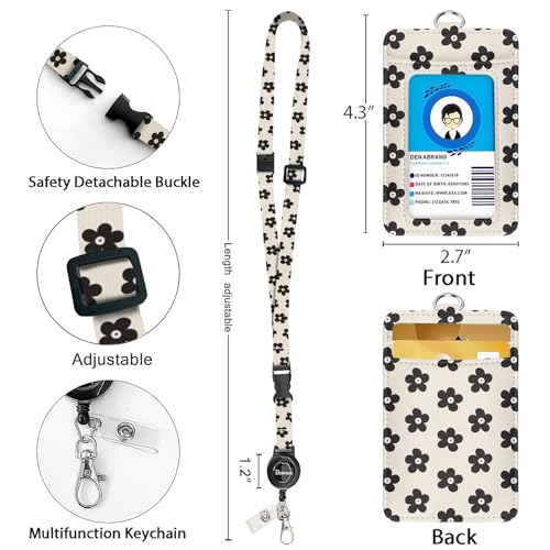 bolimoss Cute Flowers Badge Holders, Leather ID Name Badge Card Holder with Swivel Metal CLAS - color: Black Groovy Flowers