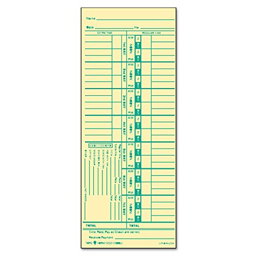 Tops Time Cards , Weekly, 1-Sided, Numbered Days, 3-1/2" x 9", Manila, Green Print, 500-Count (1252) - size: 3-1/2" x 9"