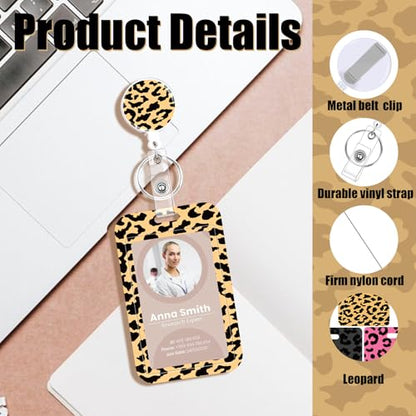 3 Pack Leopard Id Badge Holder with Retractable Reel and Clip - color: Leopard