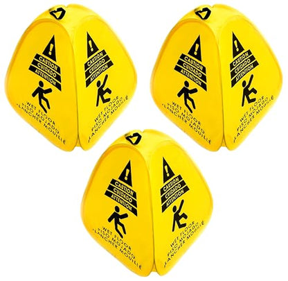 Kraken Sign Co - Pop-up Sign, Yellow 4-Sided Bilingual Trilingual English/Spanish/French Warning, Pop-up Caution Wet Floor Sign 16 inch for Restaurant, Commercial and Industrial Safety. Foldable, Portable, Durable (Yellow, 3 Pack) - size: 3 Pack