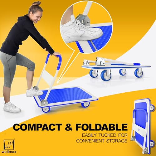 Wellmax Push Cart Dolly, Foldable Moving Platform Flat Cart, 660 lb, Blue - color: Blue, size: 660 Lbs