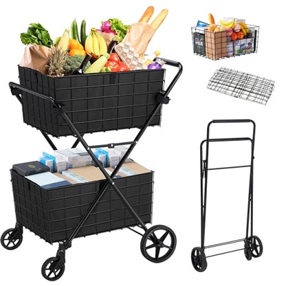 Spurgehom 2-Tier Shopping Cart for Groceries Folding Grocery Cart On Wheels with Removable Double Baskets 360° Rolling Utility Cart with Oxford Cloth Liner, Black - size: Extra Large