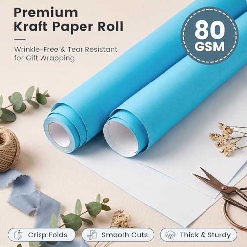 Shindel Blue Wrapping Paper Roll, 17" x 33' Light Blue Bulletin Board Paper for Christmas Gift Wrapping Parcel Wall Art Crafts DIY Bouquet (Pack of 2) - color: Sky Blue, size: 2 roll