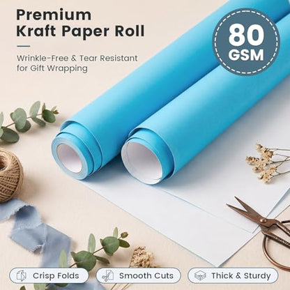 Shindel Blue Wrapping Paper Roll, 17" x 33' Light Blue Bulletin Board Paper for Christmas Gift Wrapping Parcel Wall Art Crafts DIY Bouquet (Pack of 2) - color: Sky Blue, size: 2 roll