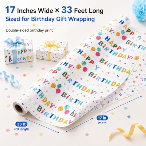 Ulmasinn Birthday Wrapping Paper Roll, Reversible Happy Birthday & Colorful Stars Design, Thick 80gsm Gift Wrap Paper, 17" x 33' Mini Roll for Kids, Teens and Adults, Birthday Gifts, Toys, Books and Party Presents - color: Birthday white