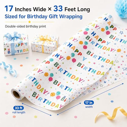Ulmasinn Birthday Wrapping Paper Roll, Reversible Happy Birthday & Colorful Stars Design, Thick 80gsm Gift Wrap Paper, 17" x 33' Mini Roll for Kids, Teens and Adults, Birthday Gifts, Toys, Books and Party Presents - color: Birthday white