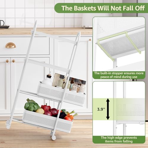 KINGRACK 4 Tier Slim Rolling Cart with Drawer, Metal Utility Storage Cart - color: White, size: 4 Tier-2BKT