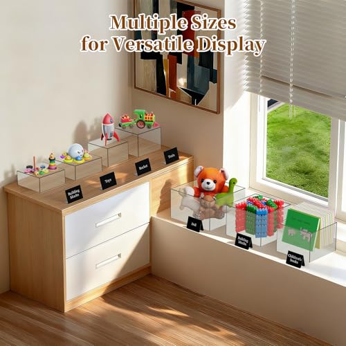 6 PCS 12" to 6.8" Clear Buffet Risers with Mini Sign and Makers, Large Food Risers for Buffet Table, Display Shelf Stands for Party, Catering, Dessert, Jewelry Collectibles, Nesting Cube Boxes with Hollow Bottoms Set (12",10",9",8",7.5",6.8")
