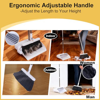Heavy Duty Broom and Standing Dustpan Combo Set, Rotatable Head Dust Pan and Brush Set with Collapsible Handle, Cleaning Teeth, Hanging Loop, Ideal for Pets, RV, Kitchen, Camping, Outdoor Floor, White