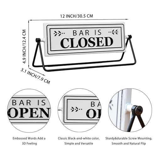 Swivel Bar is Open Closed Sign, Handmade Metal Tabletop Decor for Kitchen or Office Coffee Bar Decor with Black Stand and Embossed Letters