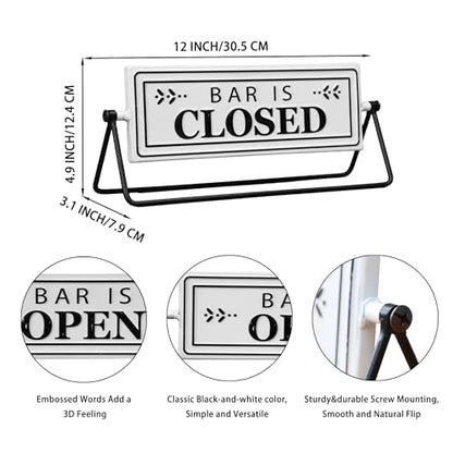 Swivel Bar is Open Closed Sign, Handmade Metal Tabletop Decor for Kitchen or Office Coffee Bar Decor with Black Stand and Embossed Letters
