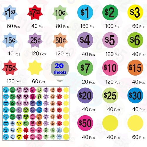 1600 Pcs Garage Sale Stickers,3/4" Round Removable Yard Sale Price Stickers