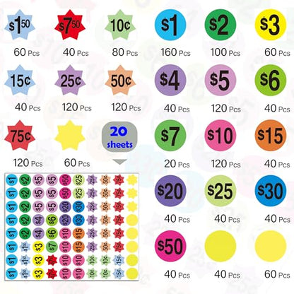1600 Pcs Garage Sale Stickers,3/4" Round Removable Yard Sale Price Stickers
