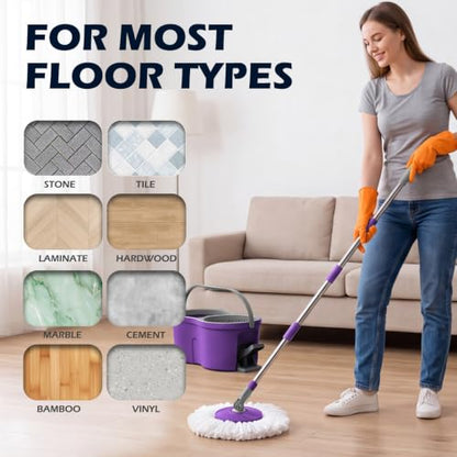Masthome Spin Mop and Bucket Set,Compact Mop Bucket System with Wringer - color: Purple
