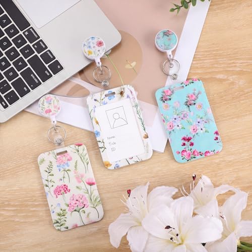 3 Pack Retractable Badge Holders with Clip, Vertical Id Card Holder - color: Grass Flower