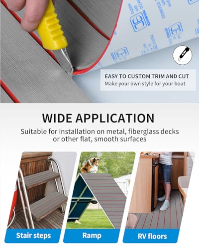 OCEANBROAD Boat Flooring EVA Foam Self-Adhesive Faux Teak Marine Decking - color: Gray with Red Lines, size: 96''L x 21.6''W-14.4sqft