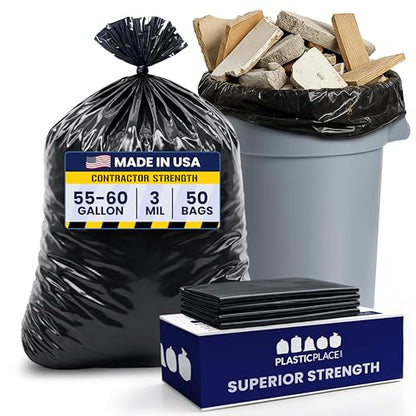 Plasticplace Contractor Trash Bags 55-60 Gallon, 3.0 Mil, Black Heavy Duty Garbage Bag, 38” X 58” (50Count) - color: Black, size: 50 Count (Pack of 1)