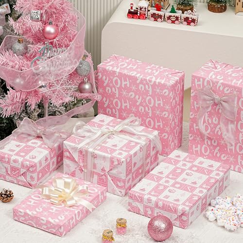 Ulmasinn Reversible Christmas Wrapping Paper Pink Mini Roll 17 Inches X 33 Feet for Girls Kids,printed with “Ho Ho” and Pink Holiday Collection Design for Festivals, Parties, Celebrations - color: Christmas Pink