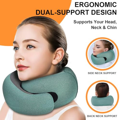Travel Pillow - Hooded Neck Pillow Airplane Memory Foam Filling - color: Green