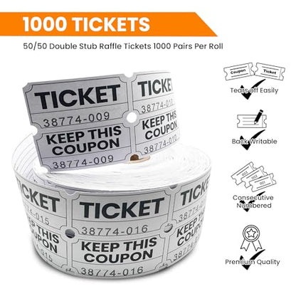 PM Company 2000 Pcs (1000 Pairs) Raffle Tickets Double Roll, 50/50 White - color: White