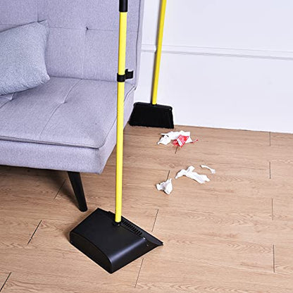 Long Handled Dustpan and Brush, Broom and Dustpan Set, Household Dust pan Combo with 54 Inch Handle for Indoor Outdoor Household Cleaning and Sweeping (Black) - color: Black